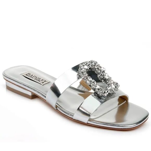 Badgley Mischka Silver Josette Flat Metallic Slide Sandals - Picture 1 of 10